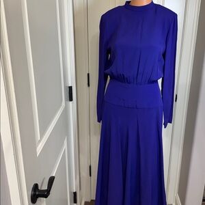 Vintage Geoffreys Royal Blue Midi Dress Long Sleeve Fitted Waist Elegant Size 4